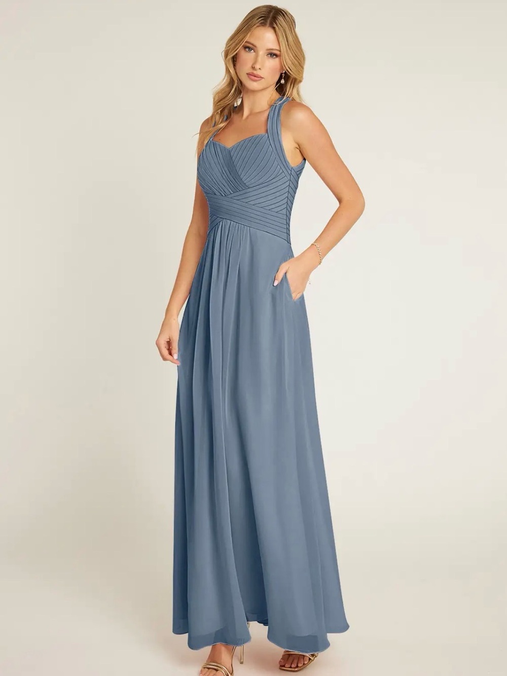 Azazie Dusty Blue Pleated A-Line Gown